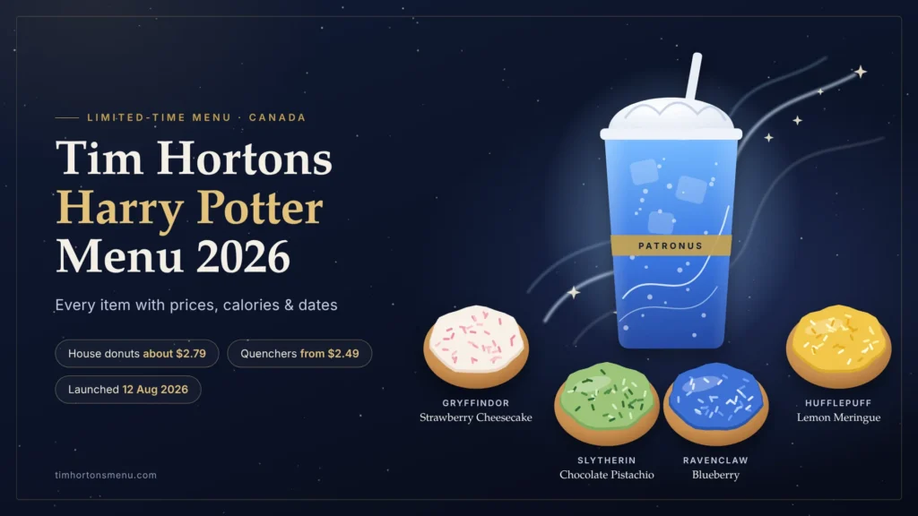 Tim Hortons Harry Potter menu 2026 – Gryffindor, Slytherin, Ravenclaw and Hufflepuff House donuts with a Patronus Quencher