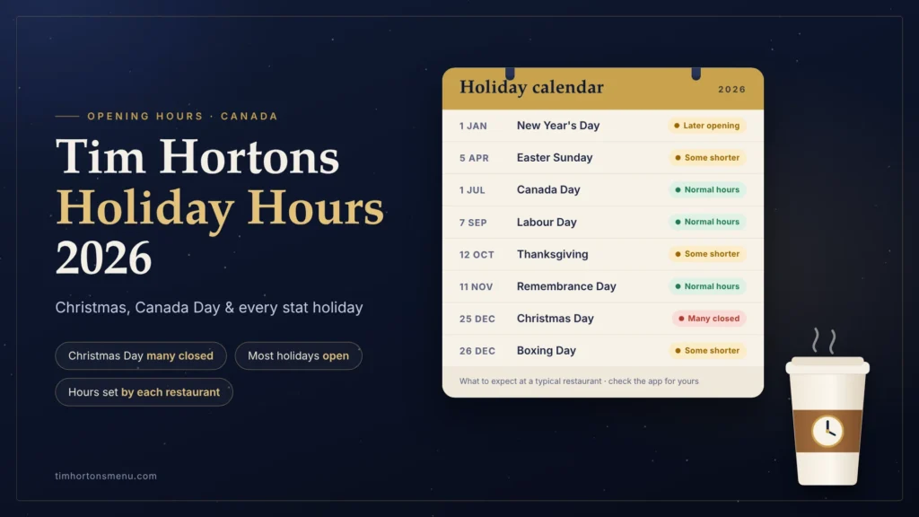 Tim Hortons holiday hours 2026 calendar – Christmas Day, Boxing Day, Canada Day, Thanksgiving and other stat holidays in Canada